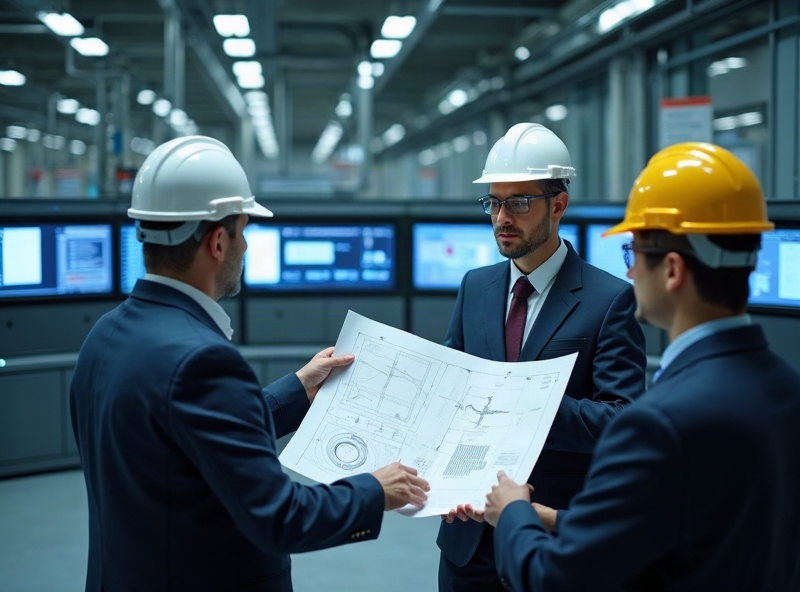 Ingenieros revisando planos técnicos en una planta de tratamiento de agua
